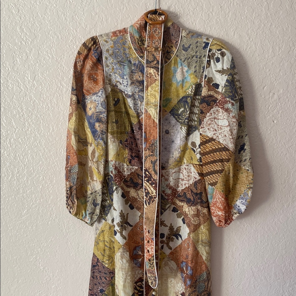 Zimmermann $895 Brightside Batik Belted Printed Linen Midi Dress Size 1 Mustard - Picture 10 of 12
